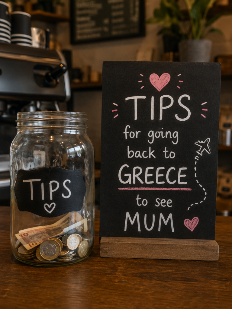 Tip jar with sign reading "Tips for going back to Greece to see Mum" on a coffee shop counter.
