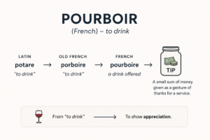 Simple infographic showing the French word "pourboire" evolving from "to drink" to its modern meaning of a tip given in appreciation for service.